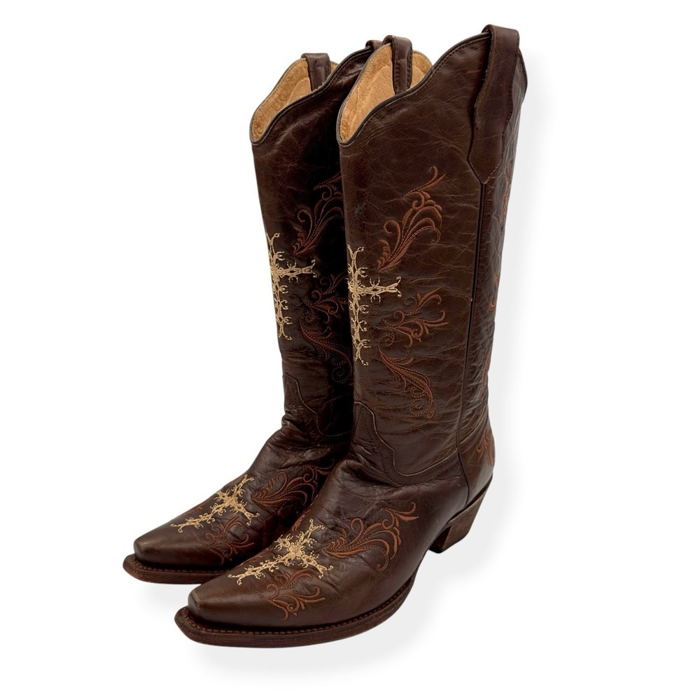 Circle G by Corral Boots L5039 Brown Leather Cross Embroidered Cowboy Women's 9M - Picture 6 of 14